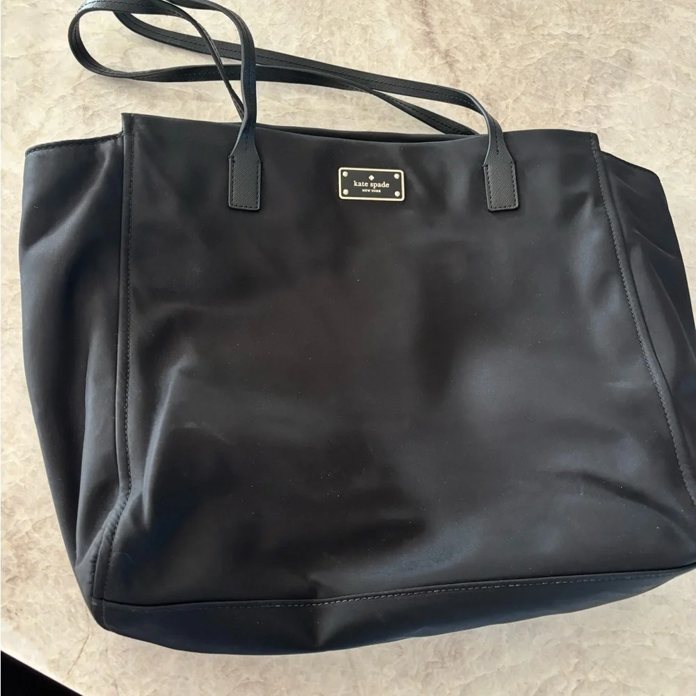 kate spade black nylon tote with gold logo plaque